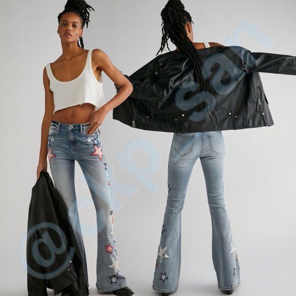 Free People x Driftwood Farrah Embroidered Flare Jeans Sz 29 - Picture 2 of 16